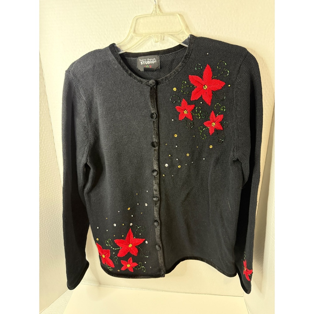 Designers Originals Studio Joy Black Poinsettia Beaded Christmas Cardigan Medium